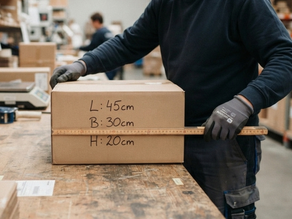 Mann misst Größe von Paket bei Warensendung richtig verpacken